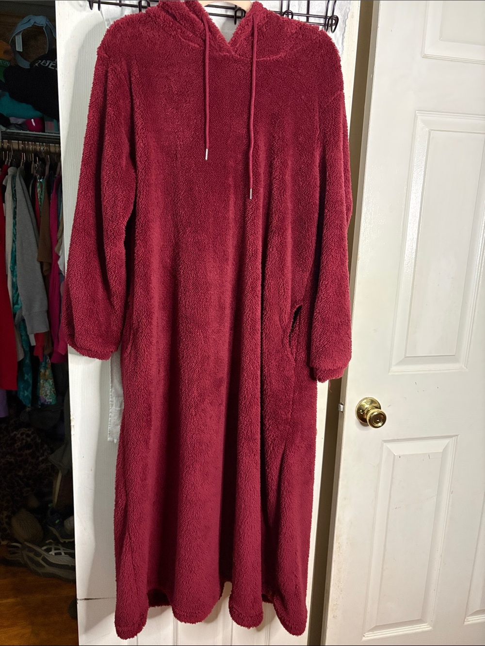 Cozy Plush Hooded Lounge Dress - Deep Wine Red
